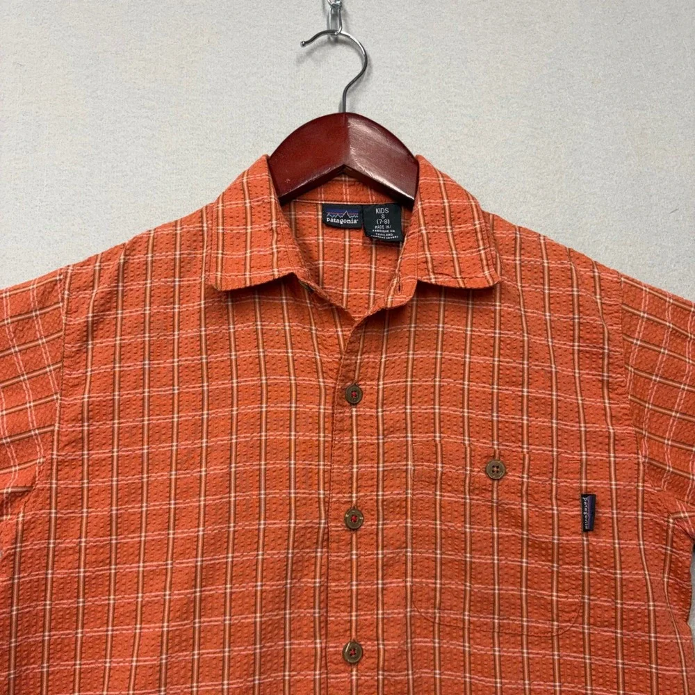 Patagonia Plaid Button Up Shirt Kids Small 7-8 Orange Short Sleeve Gorpcore